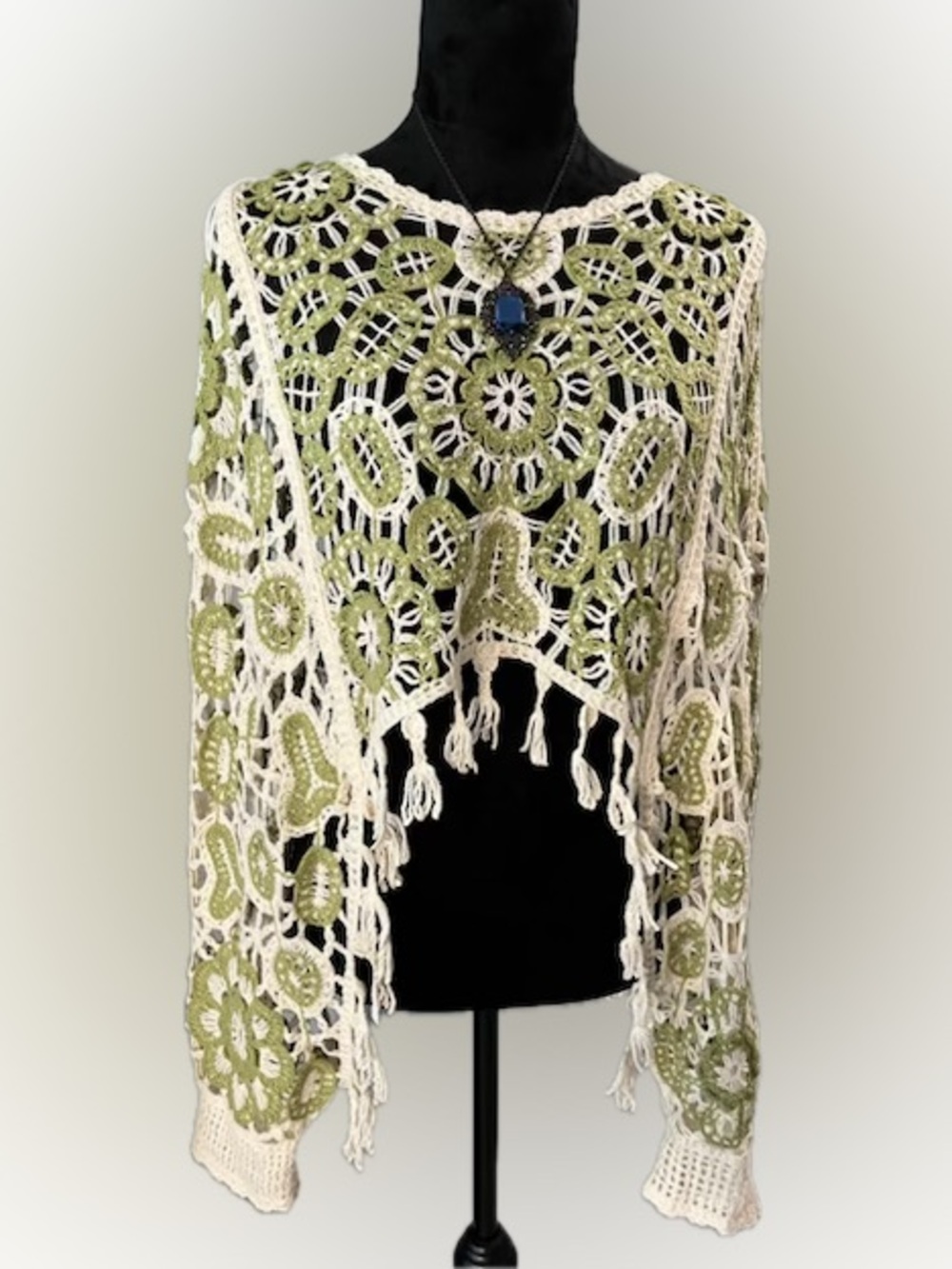 Boho Style Green and Cream Crochet Poncho/Sweater Unbranded